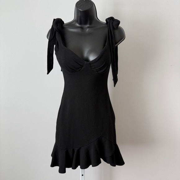 Hello Molly Dresses & Skirts - Hello Molly 4 Black Mini Dress Tie Shoulder Ruffle Hem Whimsigoth‎ Ribbed LBD